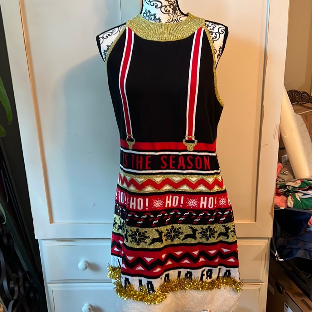 Holiday Knit Dress with Gold Trim - Black & Red